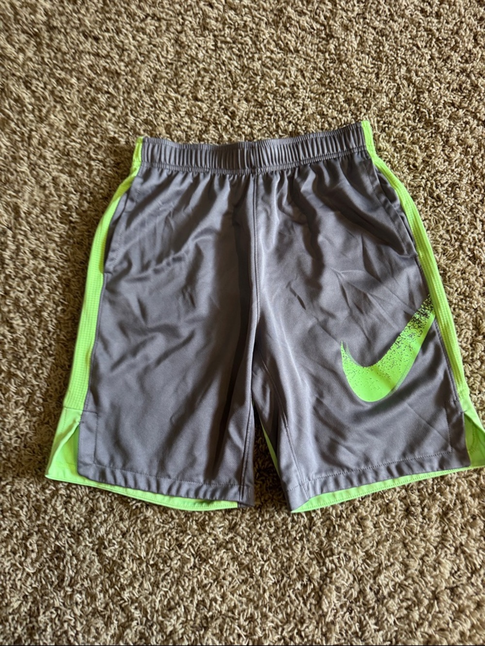 Nike Kids Gray Shorts with Bright Green Swoosh